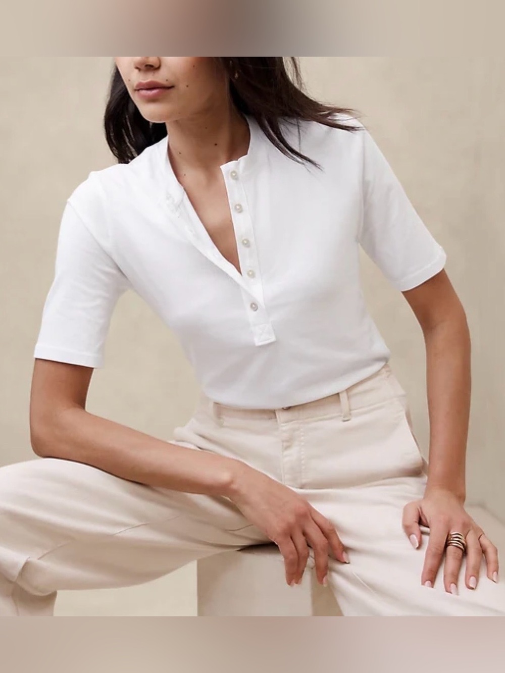 Banana Republic White Short-Sleeve Henley with Button Placket